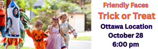 children wearing rocket dinosaur unicorn astronaut and pumpkin costumes Friendly Faces Trick or Treat Ottawa Location October 28 6 pm
