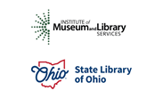 Institute of Museum and Library Services logo half green star burst and State Library of Ohio logo red outline with Ohio written in blue across it.