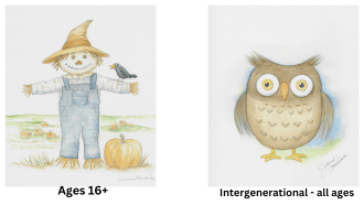 crow on scarecrow's arm ages 16+ standing owl intergenerational all ages