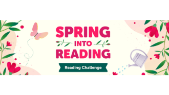 Spring Into Reading Reading Challenge with  butterfly watering can and flowers