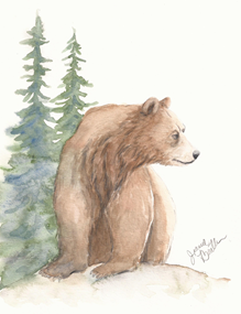 brown bear with 2 pine trees