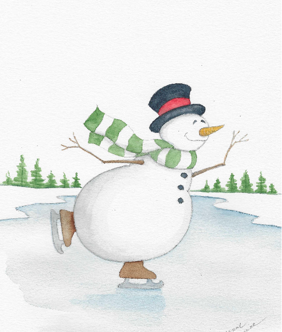 snowman with green and white striped scaft skaing on a pond with trees in the background