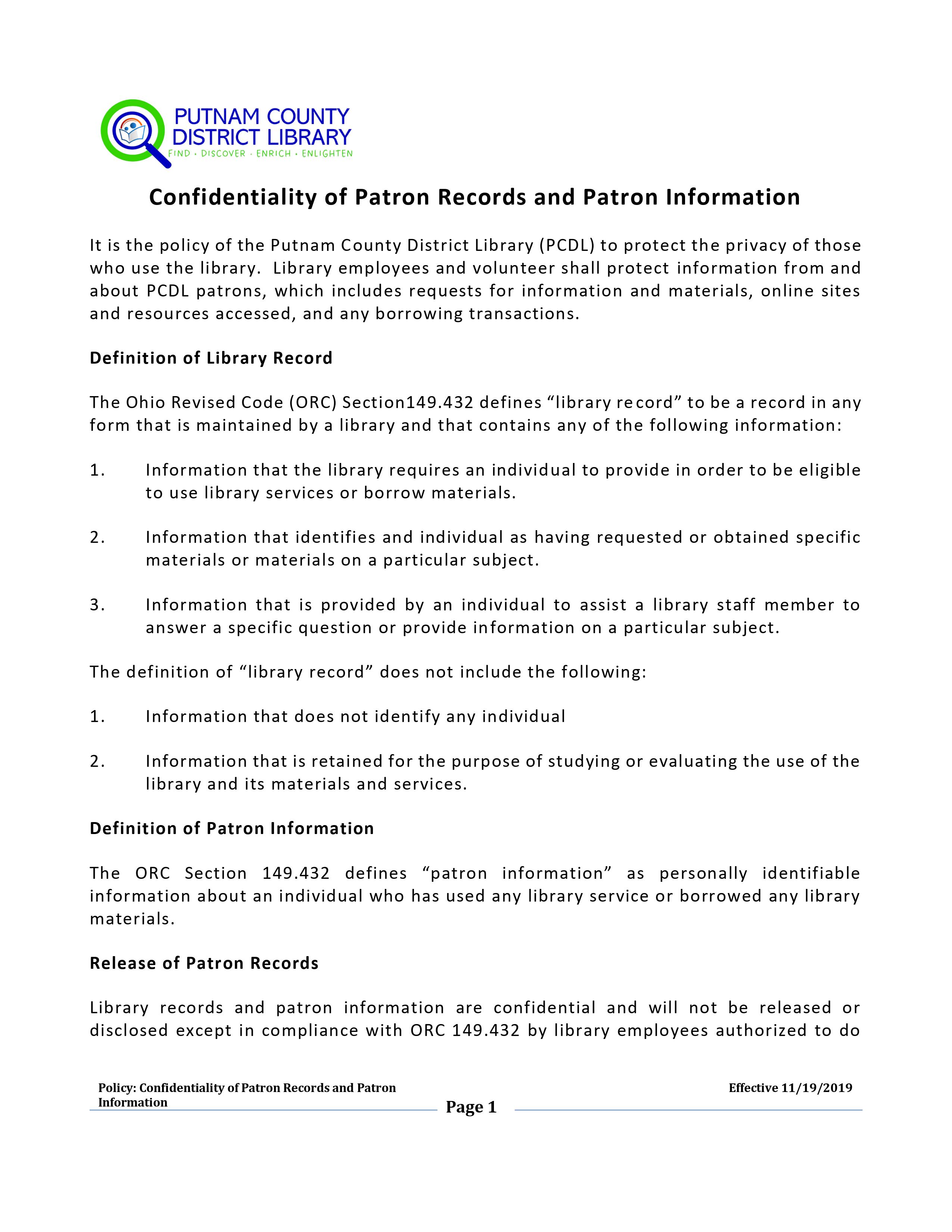 Confidentiality of Patron records and Patron Information page 1