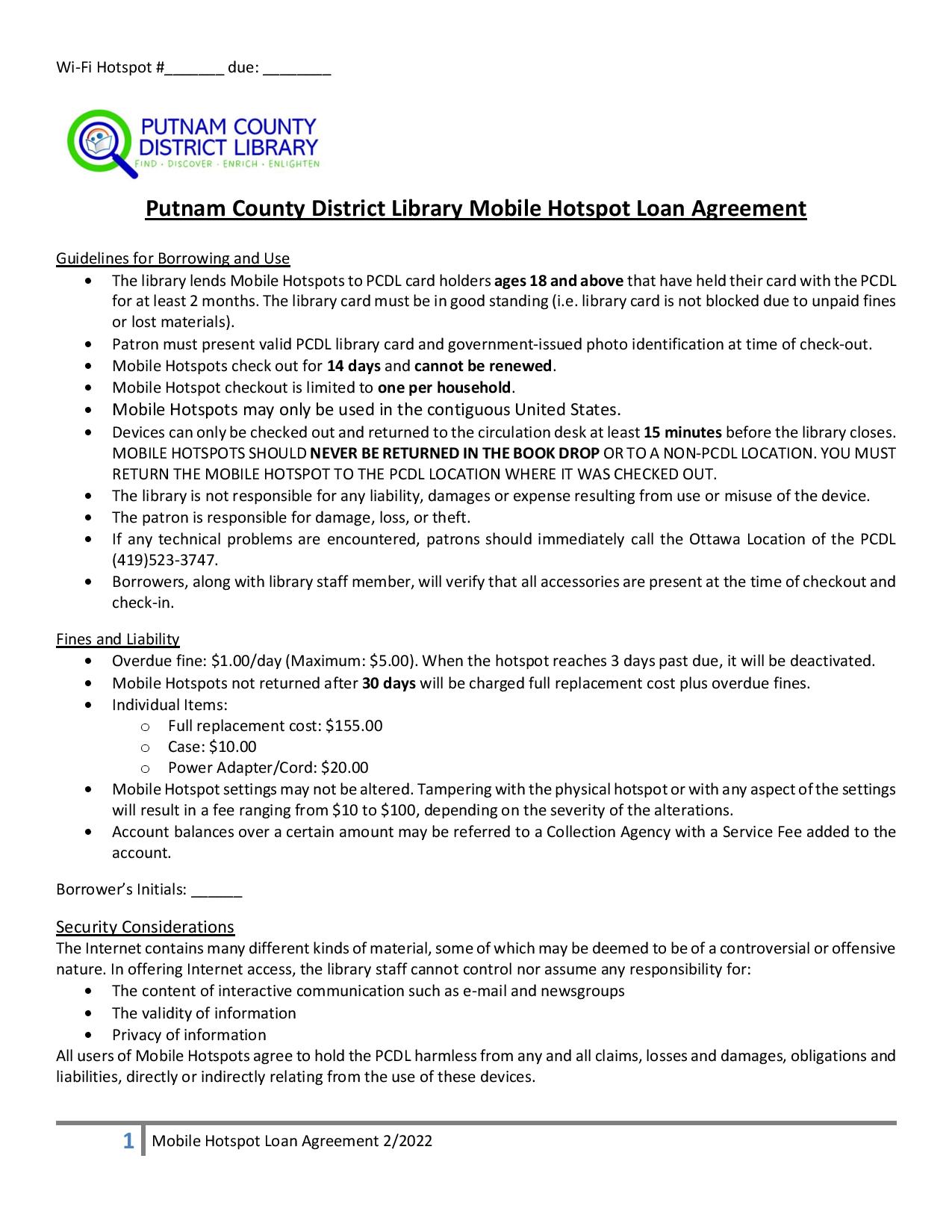 Mobile Hotspot Loan Agreement page 1