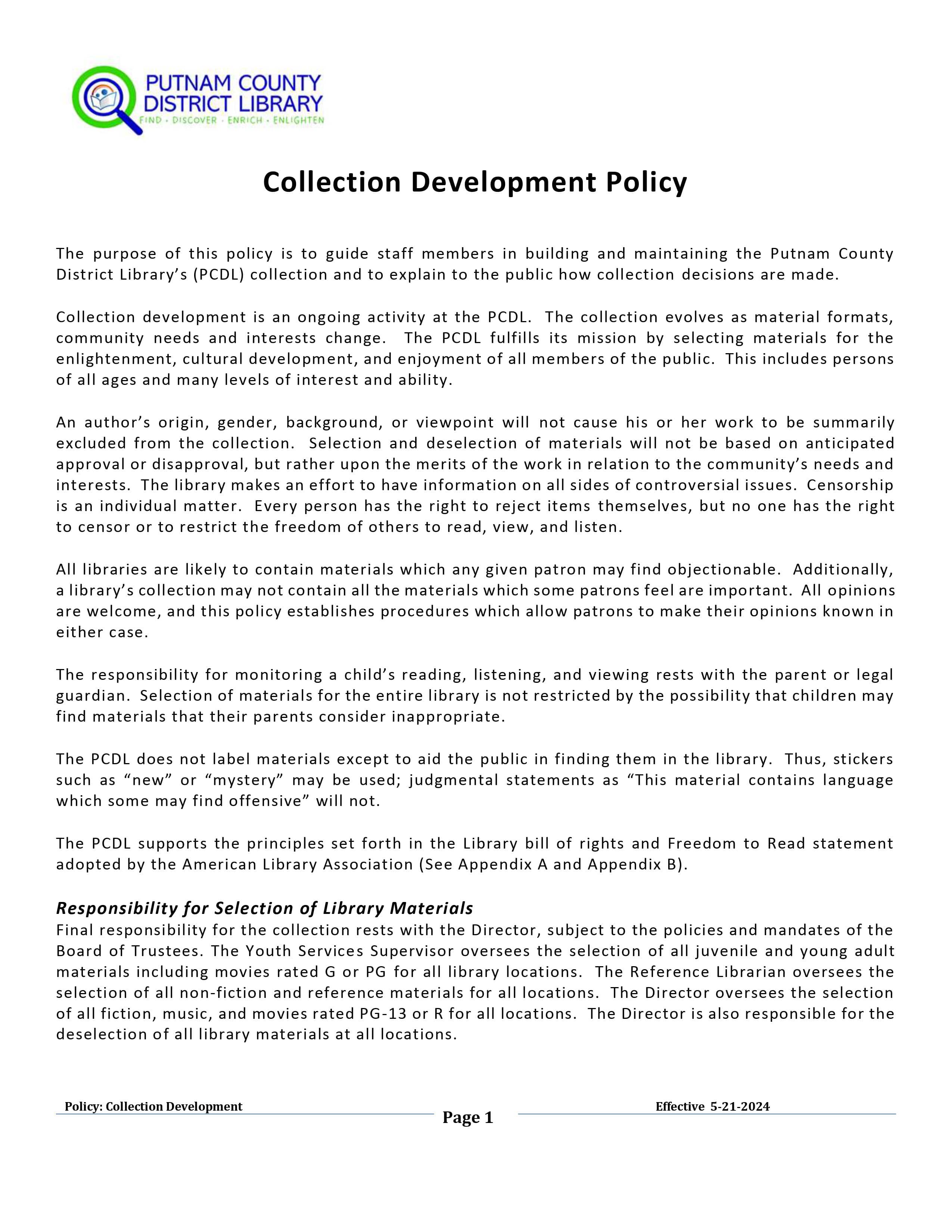 Collection Development Policy Page 1