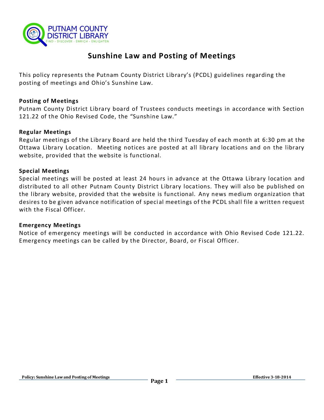 Sunshine Law and Posting of Meetings