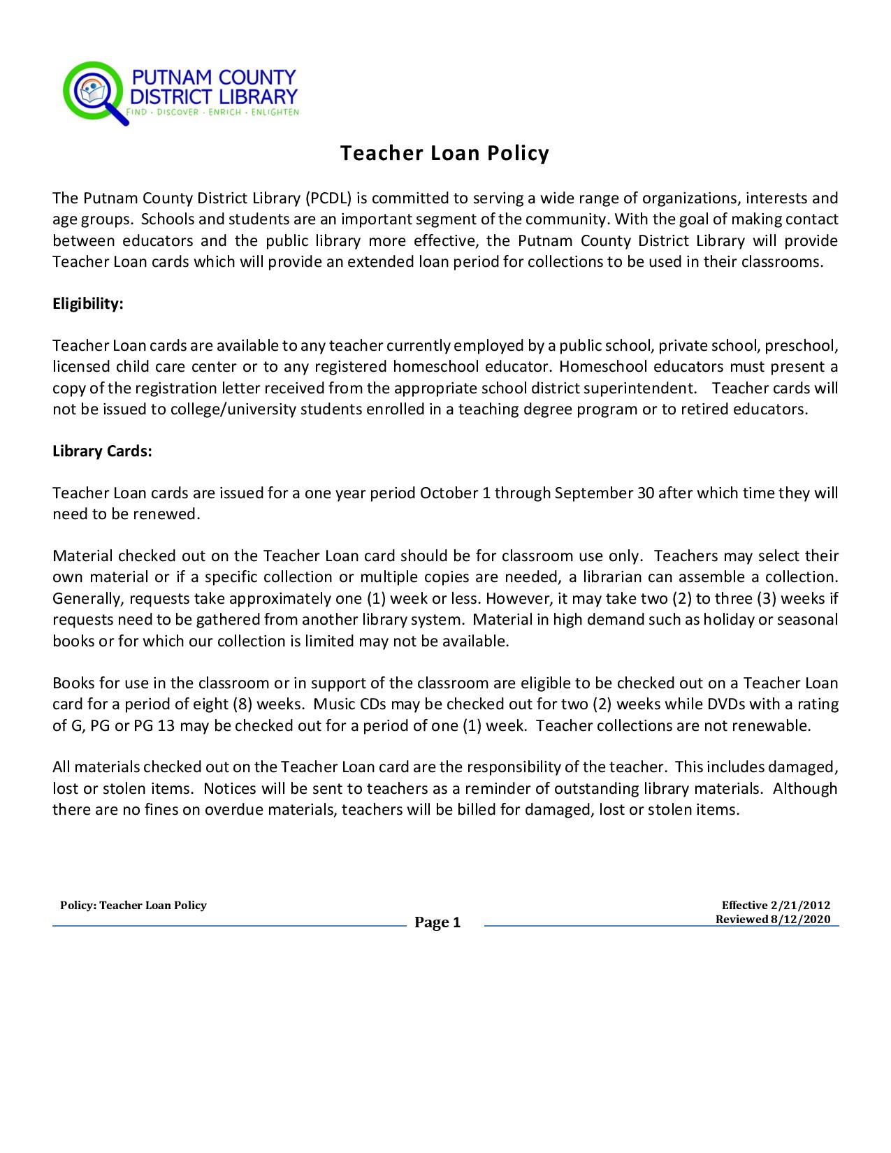 Teacher Loan Policy