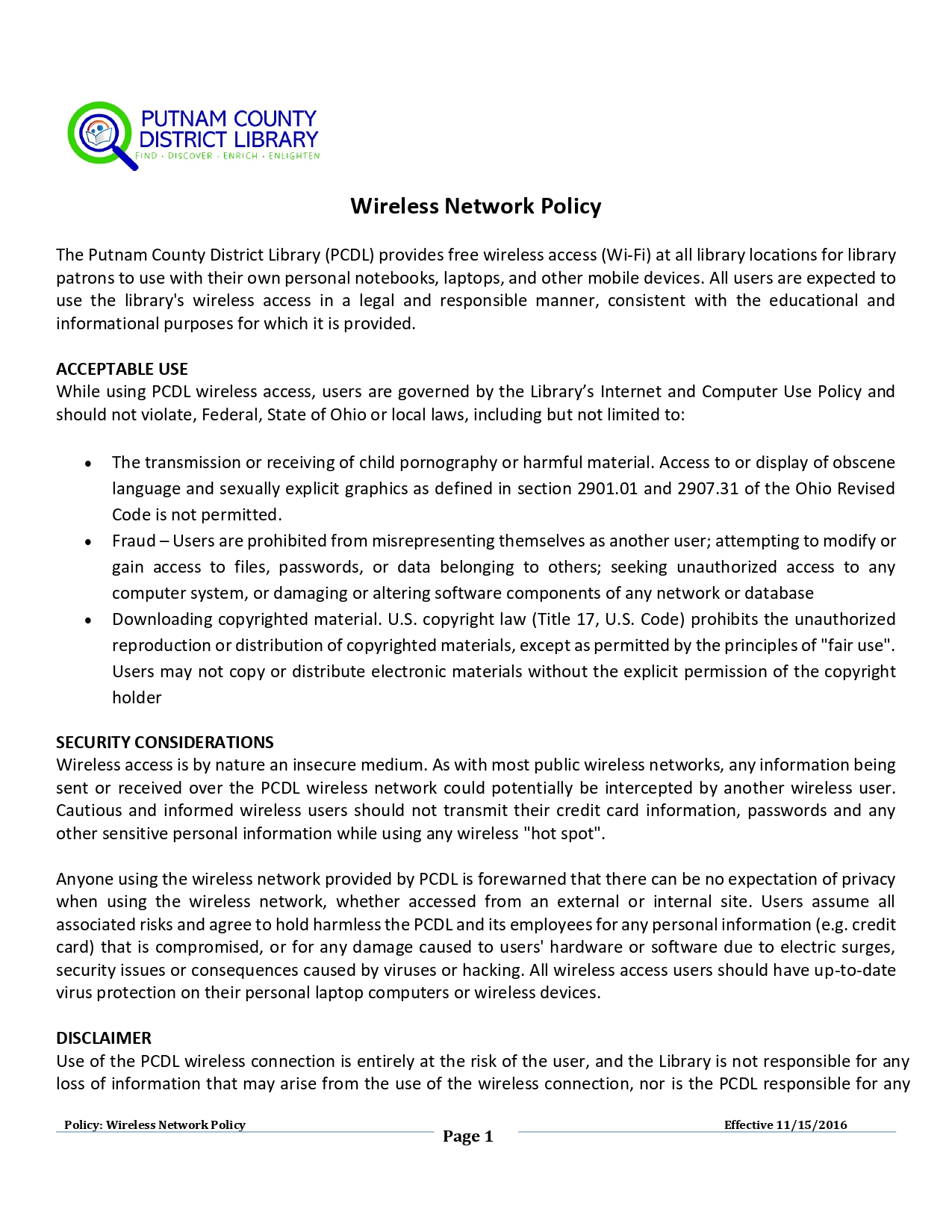 Wireless Network Policy page 1 call 419-523-3747 ext 3 for more information