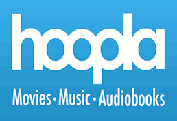 hoopla movies music audiobooks on blue background