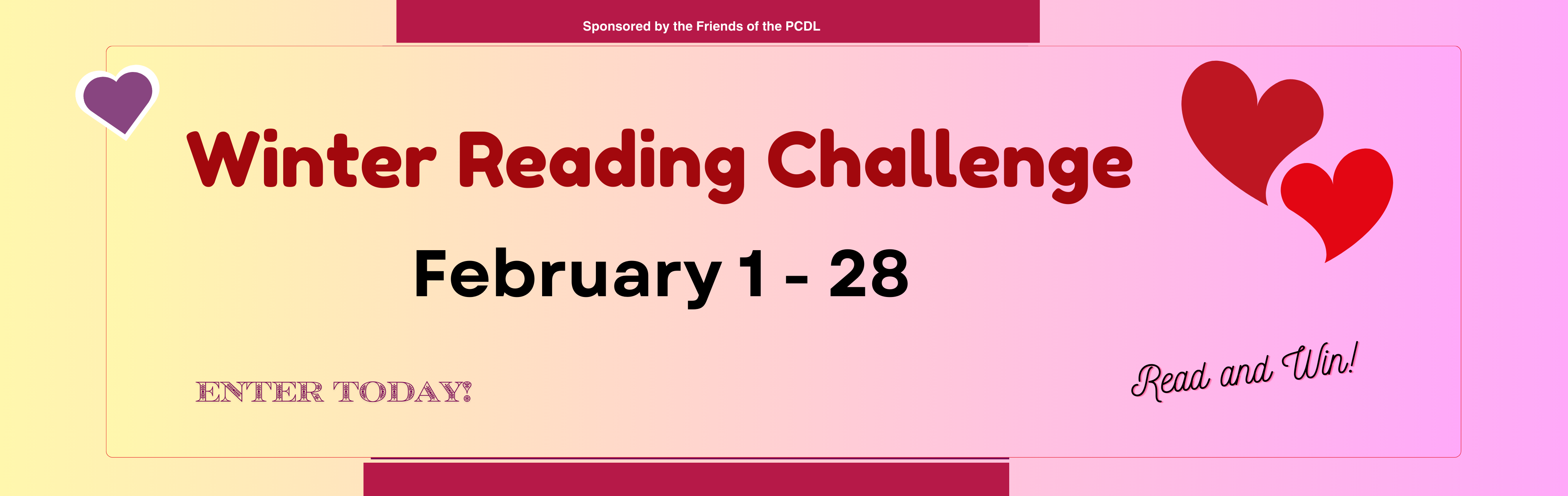 purple and 2 red hearts Winter Reading Challenge February 1-28 Enter today read and win