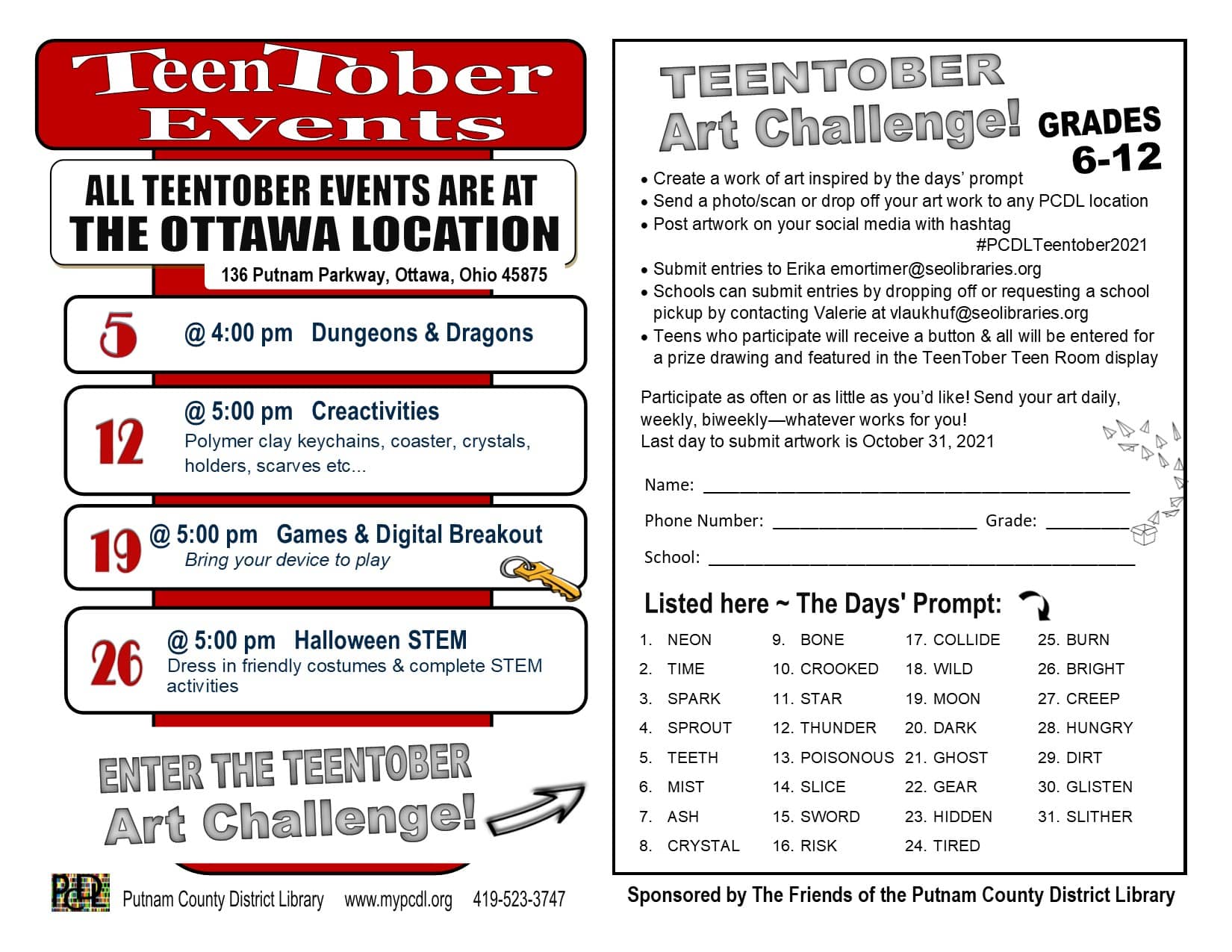 TEENTOBER events list