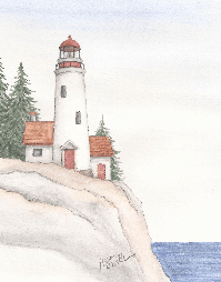 red white lighthouse building 3 evergreen trees