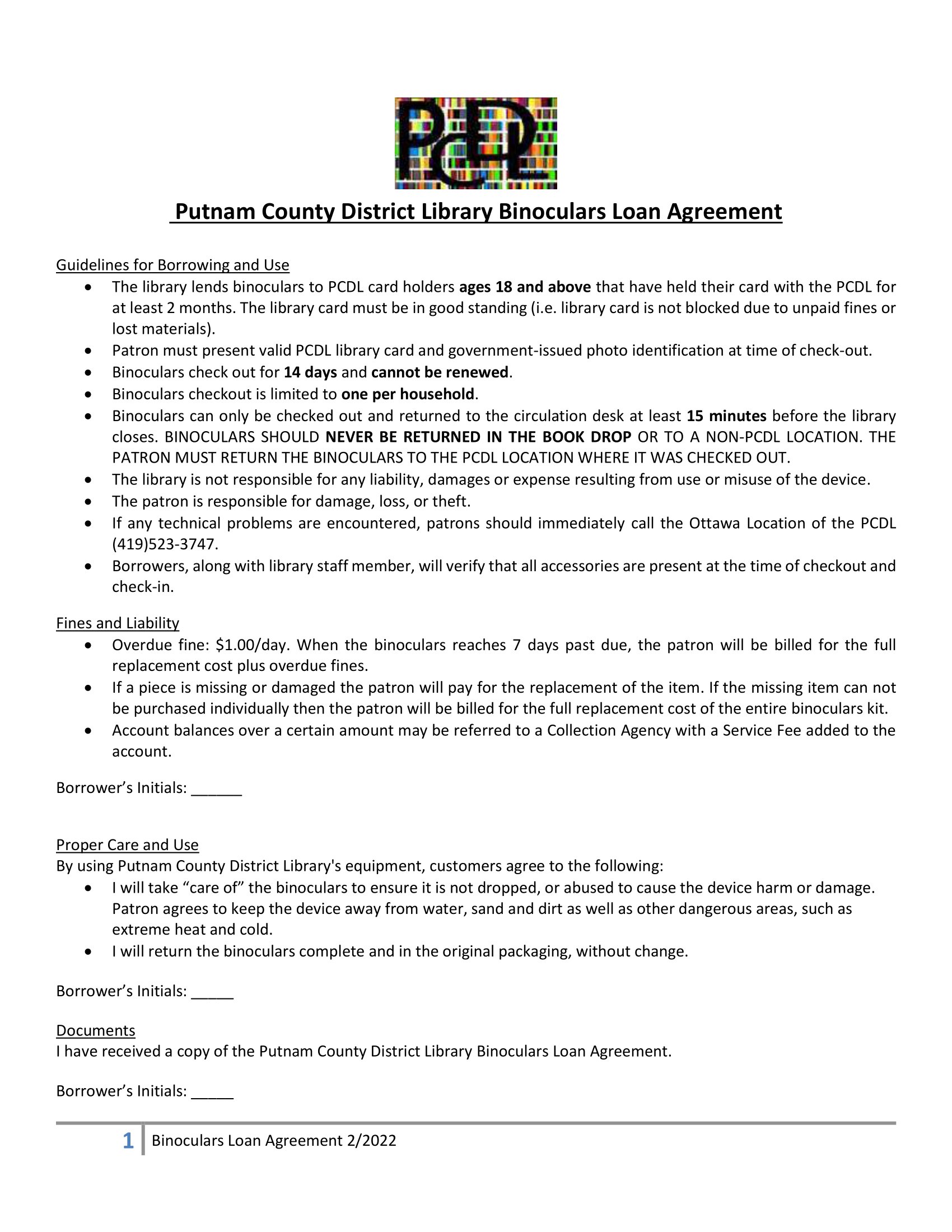 Binocular Loan Agreement page 1