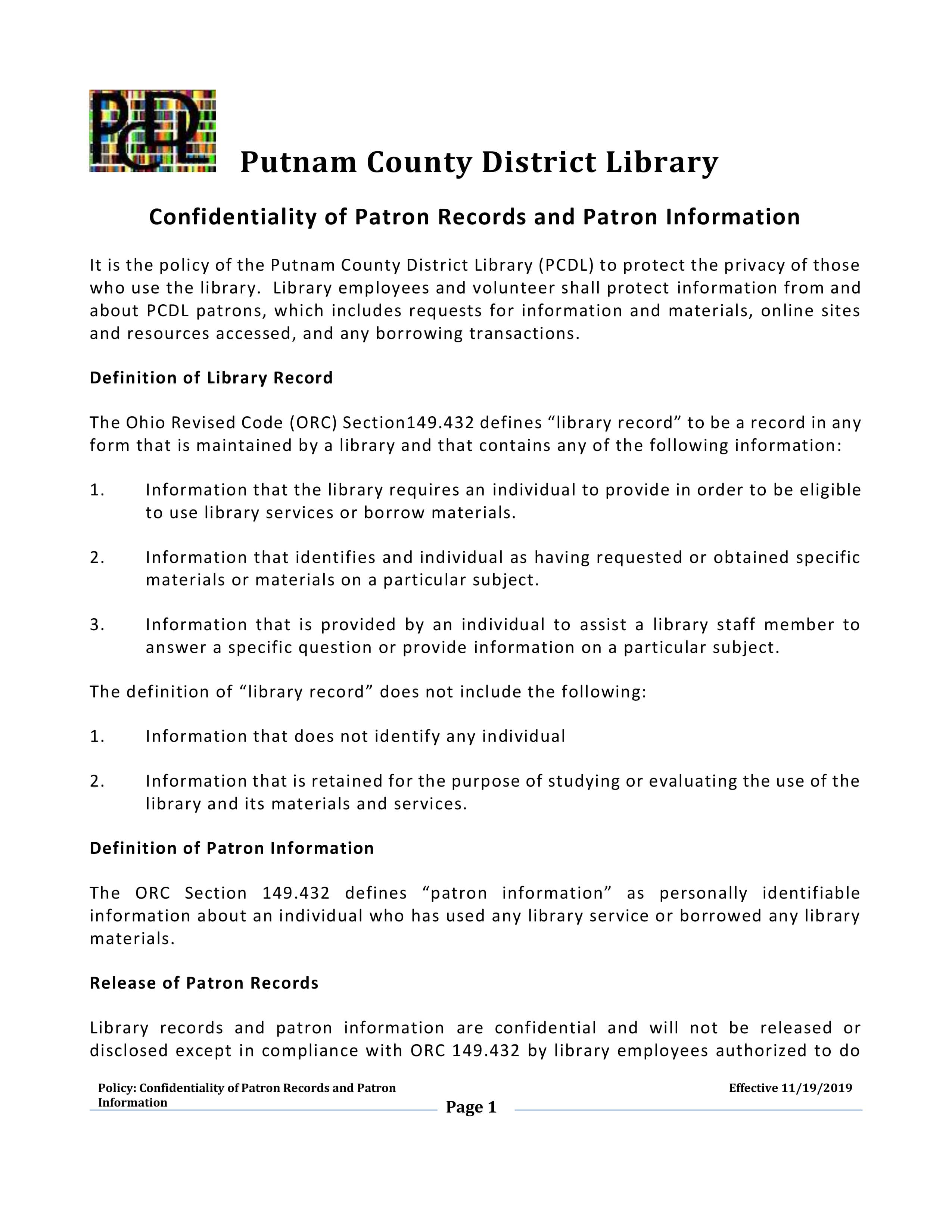 Confidentiality of Patron Records and Patron Information page 1 call 419-523-3747 ext 3 for more information