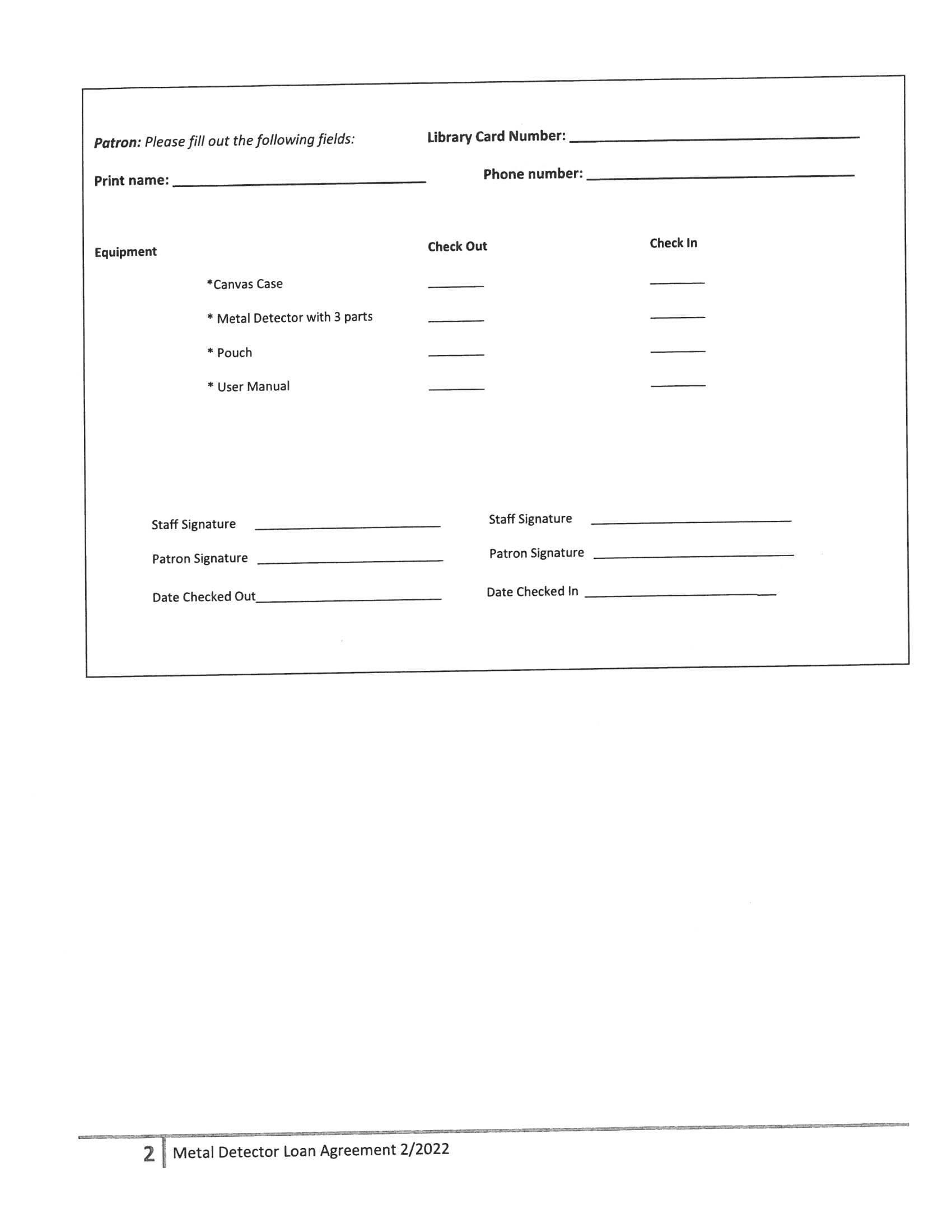 PCDL Metal Detector Loan Agreement page2  call 419-523-3747 ext 3 for more information