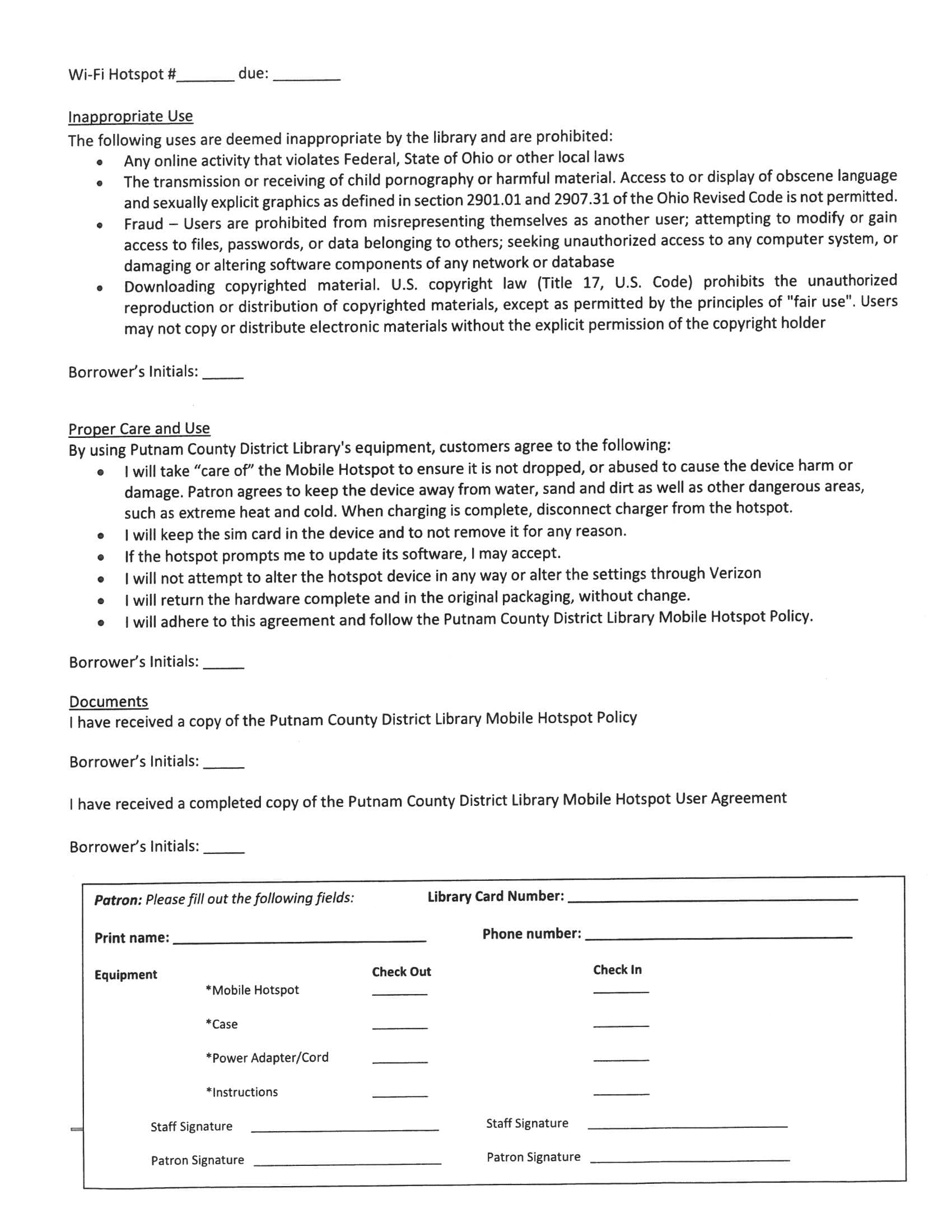 PCDL Mobile Hotspot Loan Agreement page 2 call 419-523-3747 ext 3 for more information