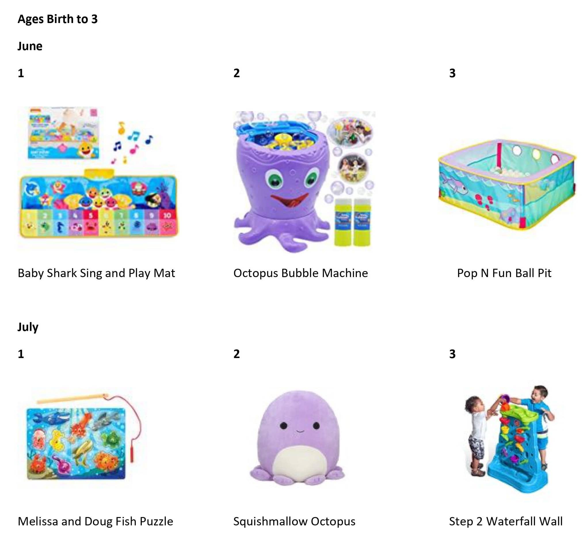ages 0-3 sing pplay may bubble machine ball pit fish puzzle squishmallow  octopus waterfall wall