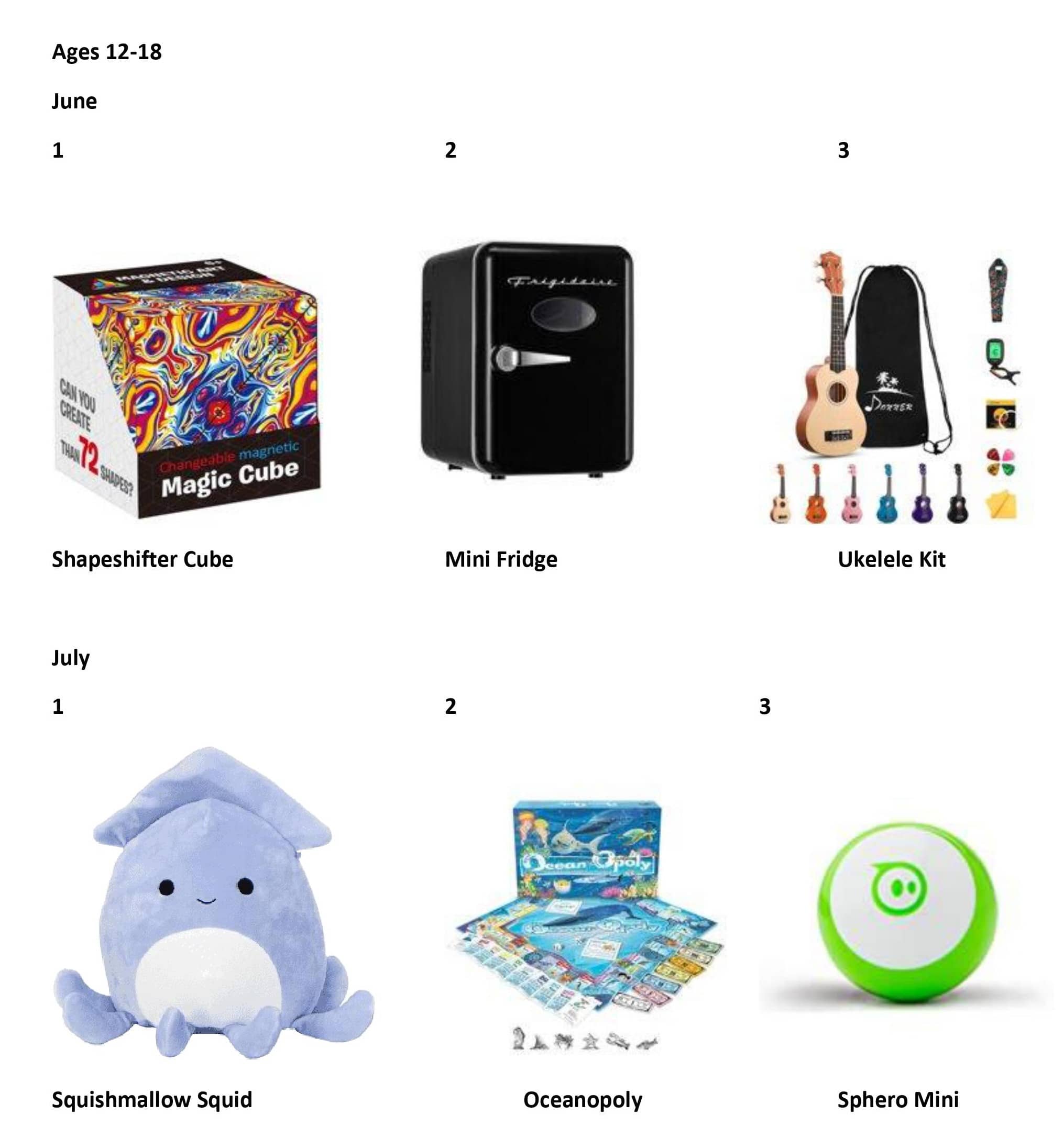 ages 12-18 shapeshifter cube mini fridge ukulele kit sqishmallow squid oceanopoly sphero mini