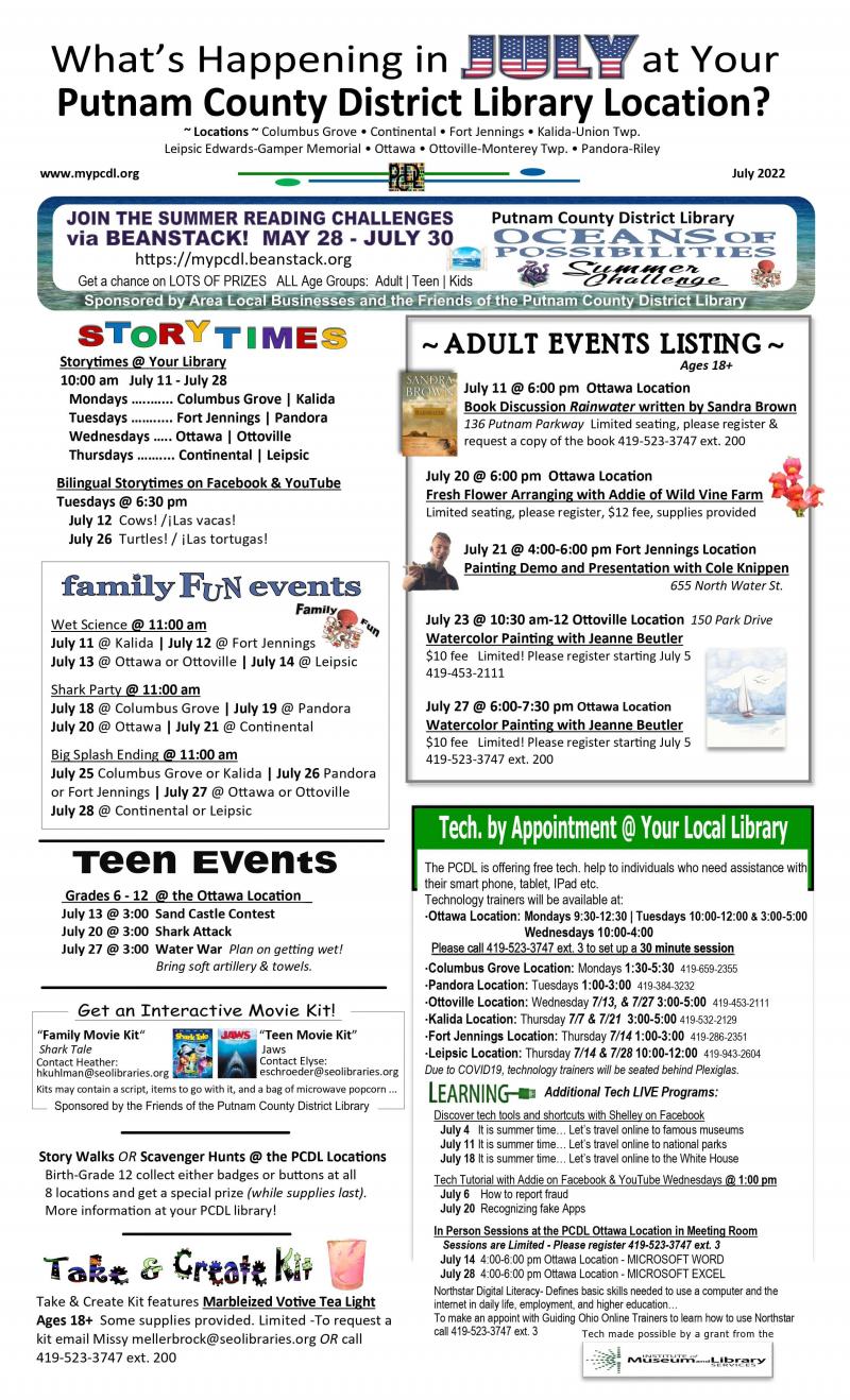 What's happing in July at your Putnam County District Library Location flyer