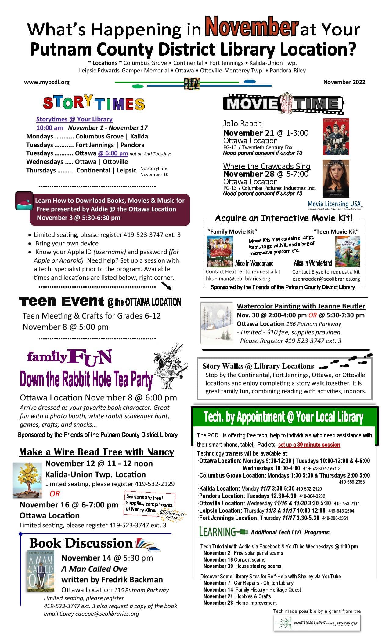 What's happing in November at  your Putnam County District Library Location flyer