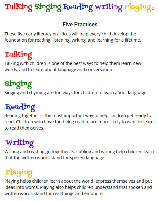 5 practices for Early literacy: talking, singing, reading, writing, and playing