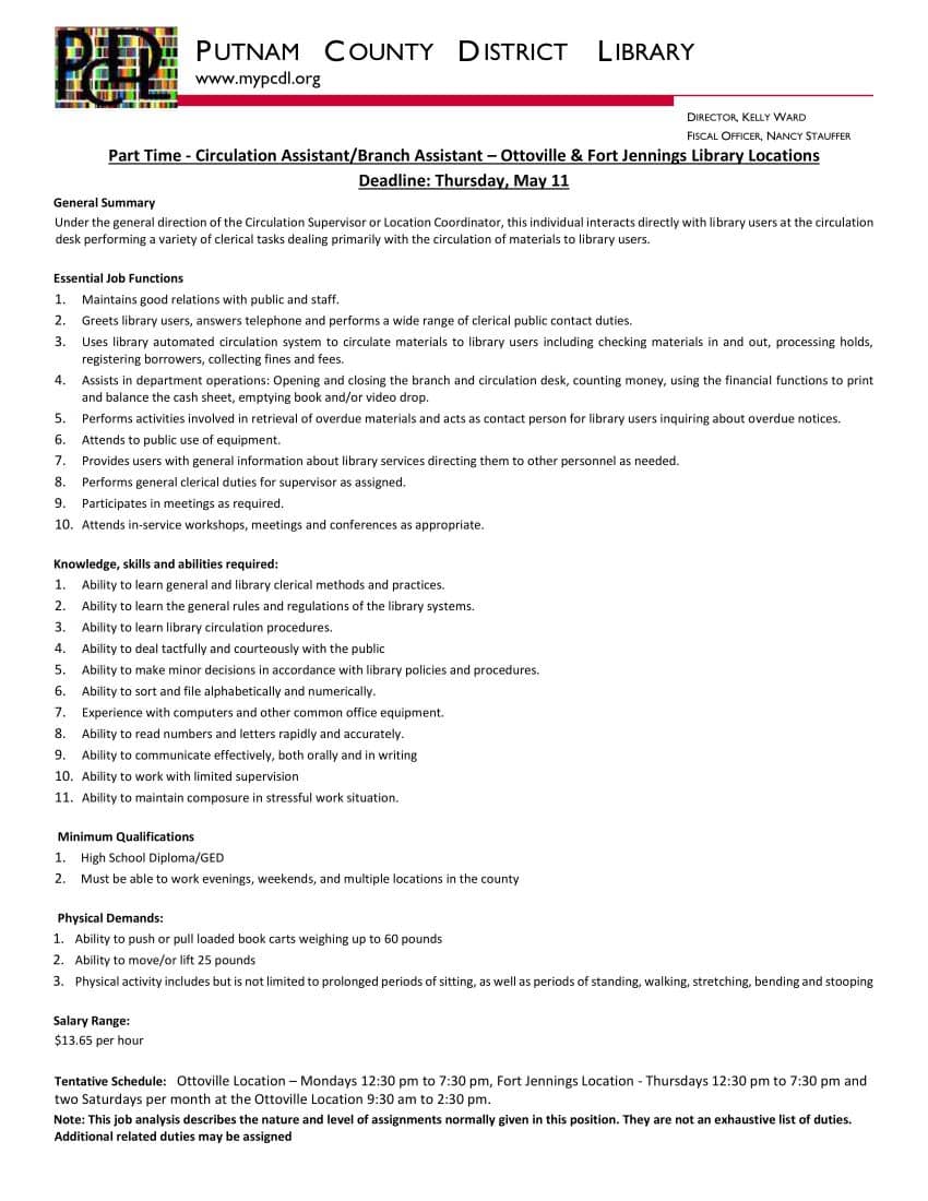 Part Time - Circulation Assistant/Branch Assistant – Ottoville & Fort Jennings Library Locations job description