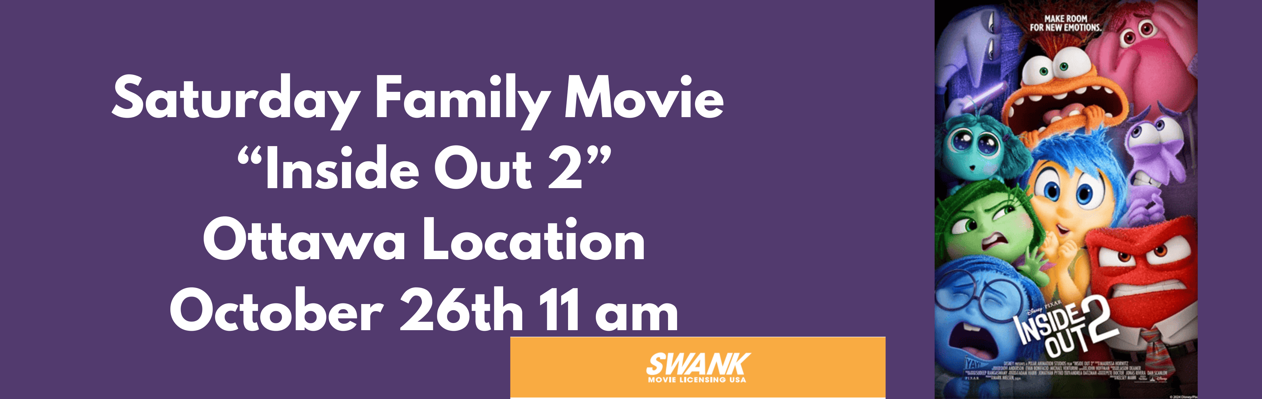 Inside Out 2 Movie poster Saturday Family Movie Inside Out 2 Ottawa Location October 26th 11 am